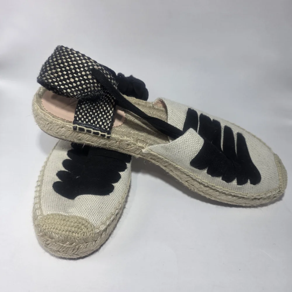 J.Crew Espadrille Lace Up Sandals Beige Black Size 11 New Without Box